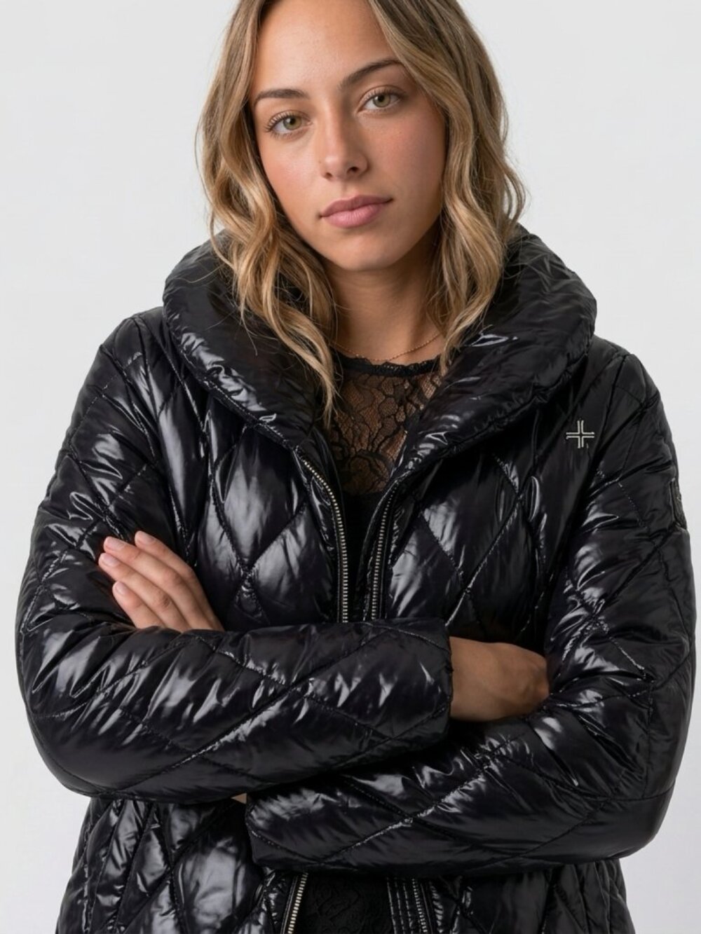 Black glossy quilted puffer jacket, gold zipper
